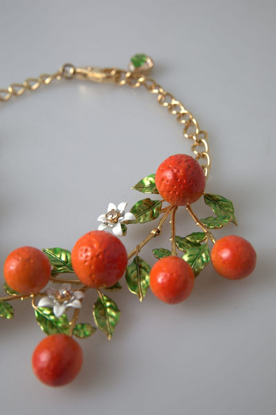 Gold Brass Oranges Flowers Crystal Chain Link Necklace