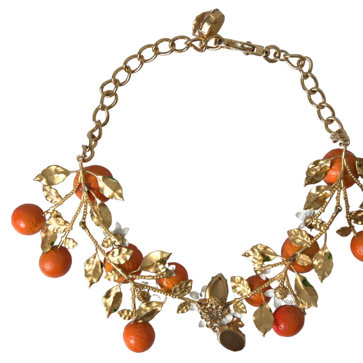 Gold Brass Oranges Flowers Crystal Chain Link Necklace