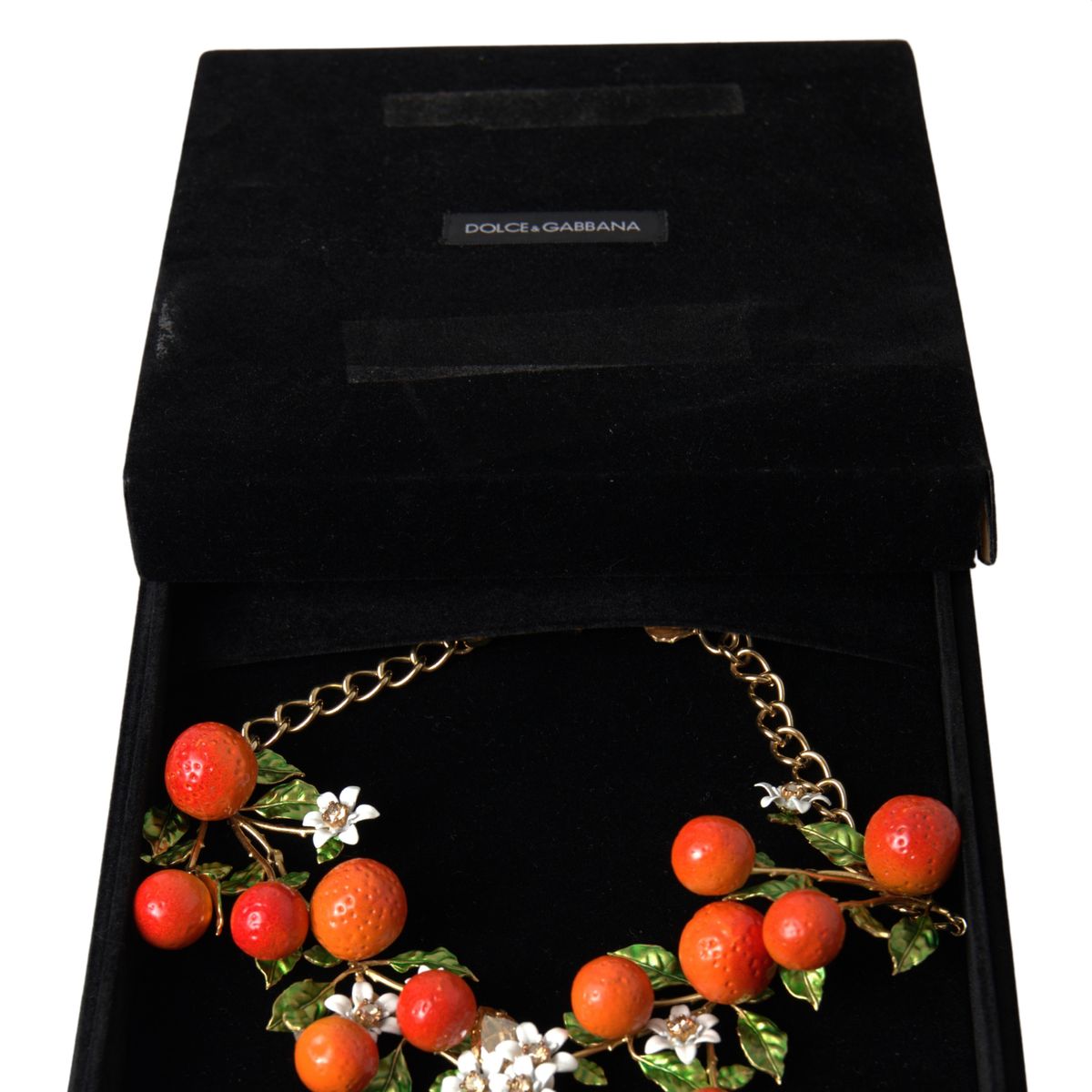 Gold Brass Oranges Flowers Crystal Chain Link Necklace