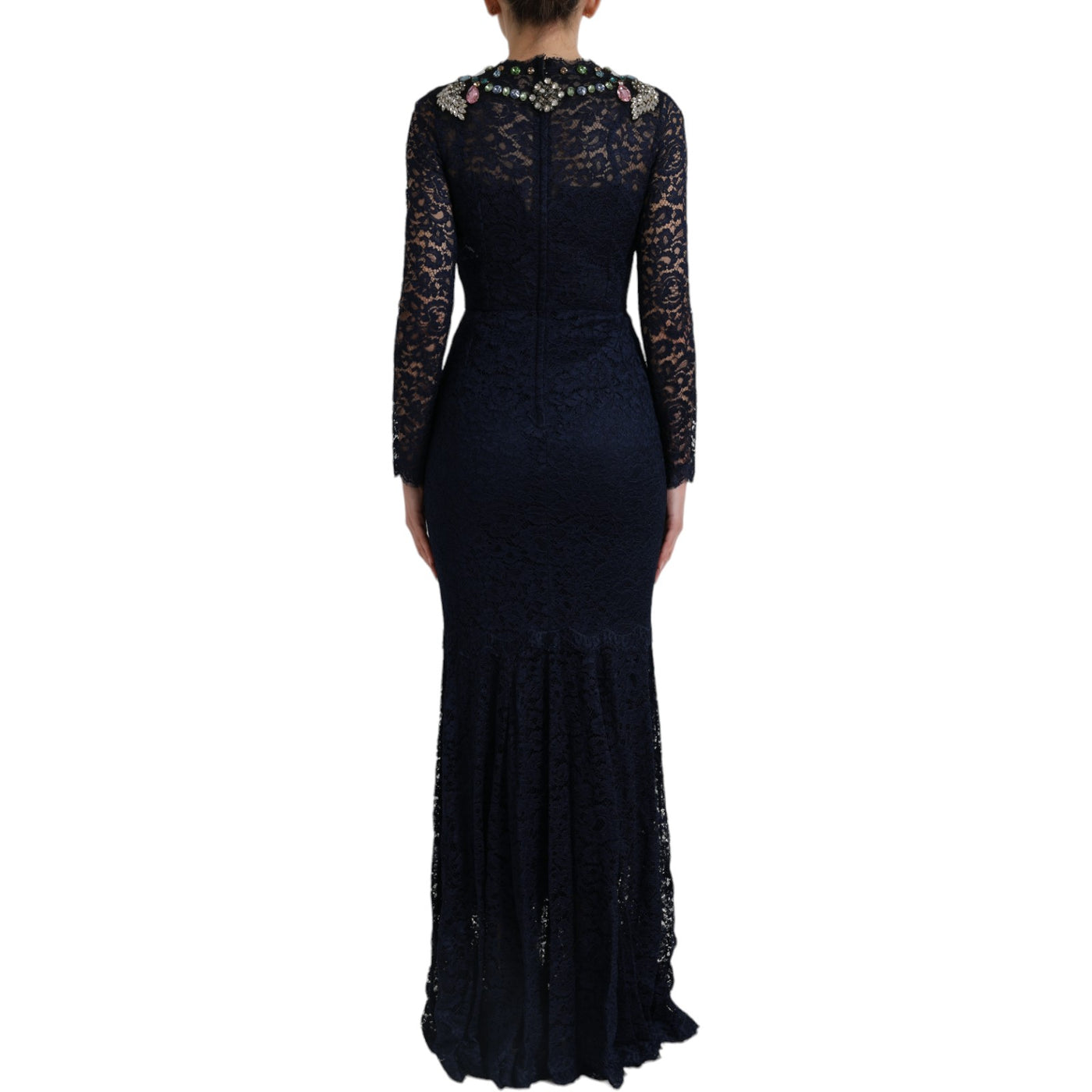 Blue Crystal Floral Lace Long Gown Dress