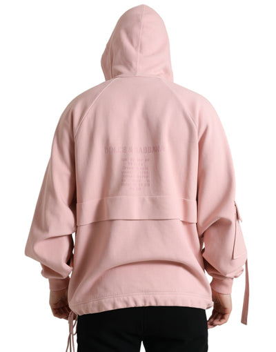 Pink Cotton Hooded Pockets Pullover Sweater