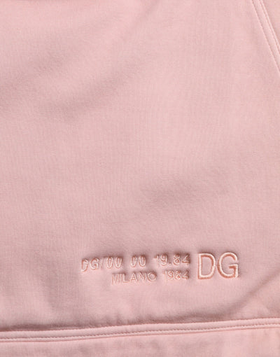 Pink Cotton Hooded Pockets Pullover Sweater