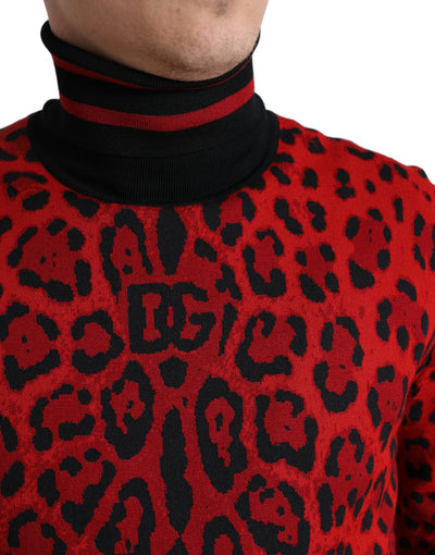 Red Leopard Print Turtleneck Pullover Sweater