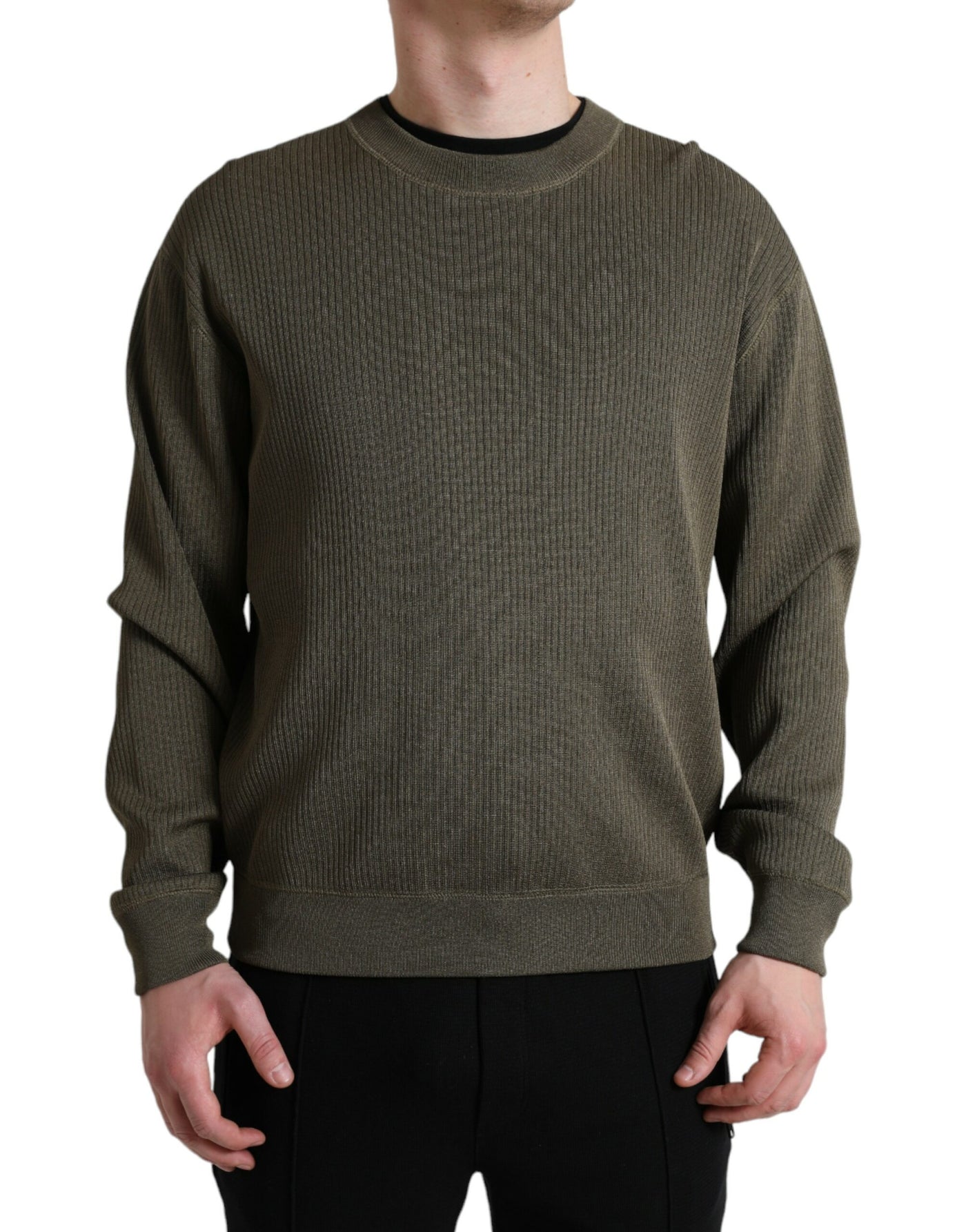 Green Viscose Crew Neck Men Pullover Sweater