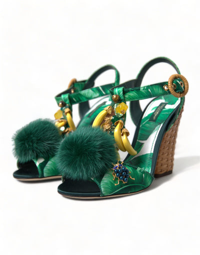 Green Banana Leaf Embellished T-Strap Sandals Shoes