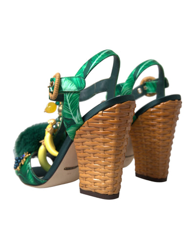 Green Banana Leaf Embellished T-Strap Sandals Shoes