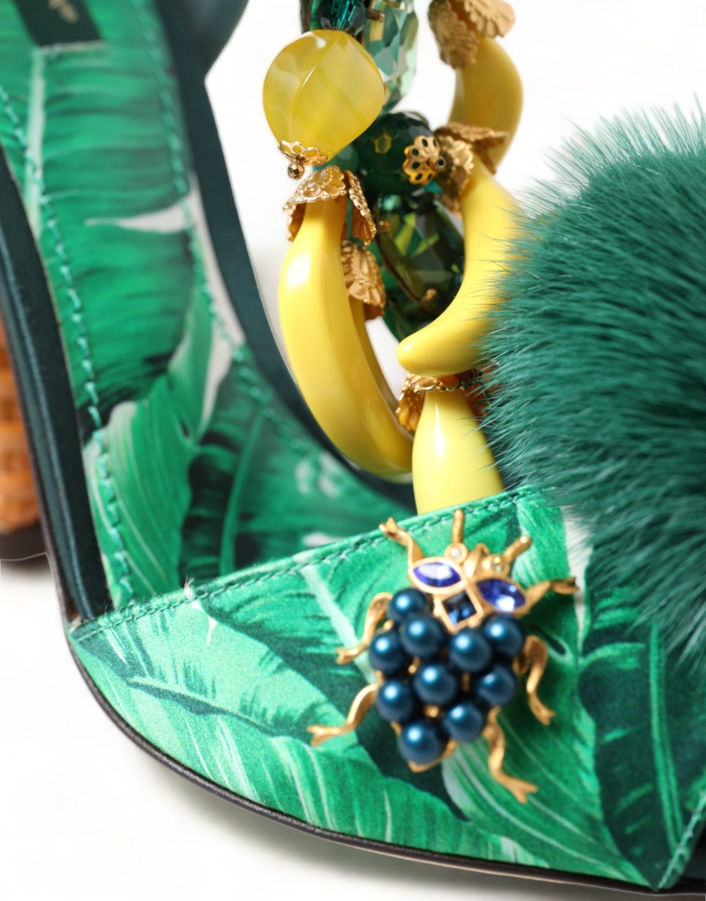 Green Banana Leaf Embellished T-Strap Sandals Shoes