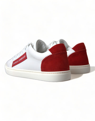 White Red Leather Low Top Sneakers Shoes