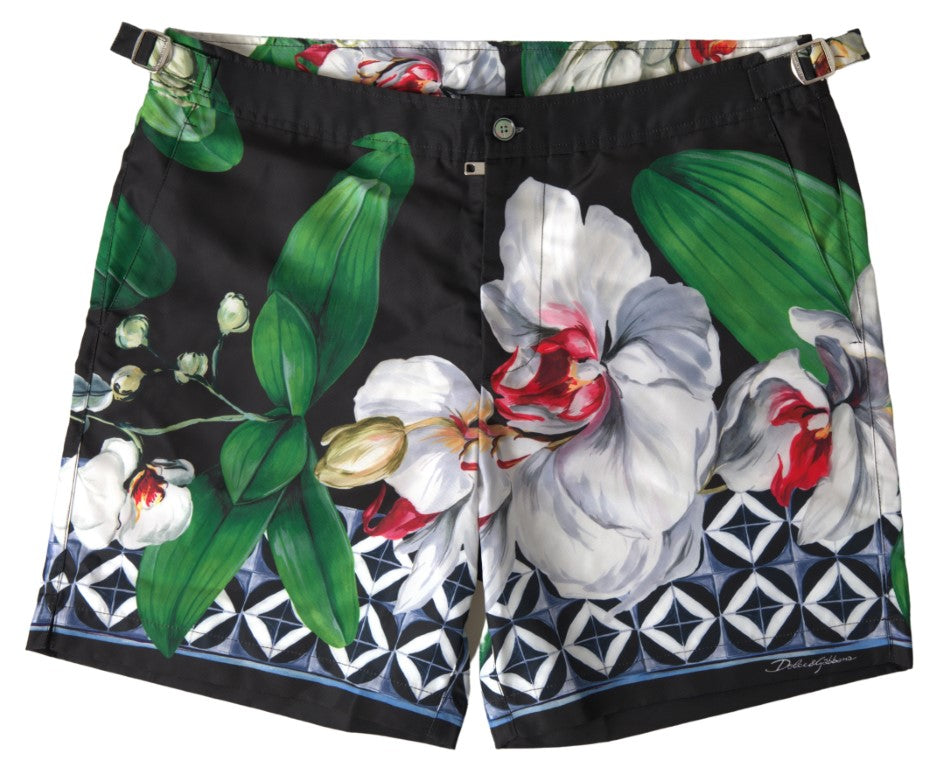 Black Floral Orchids Beachwear Shorts Swimwear