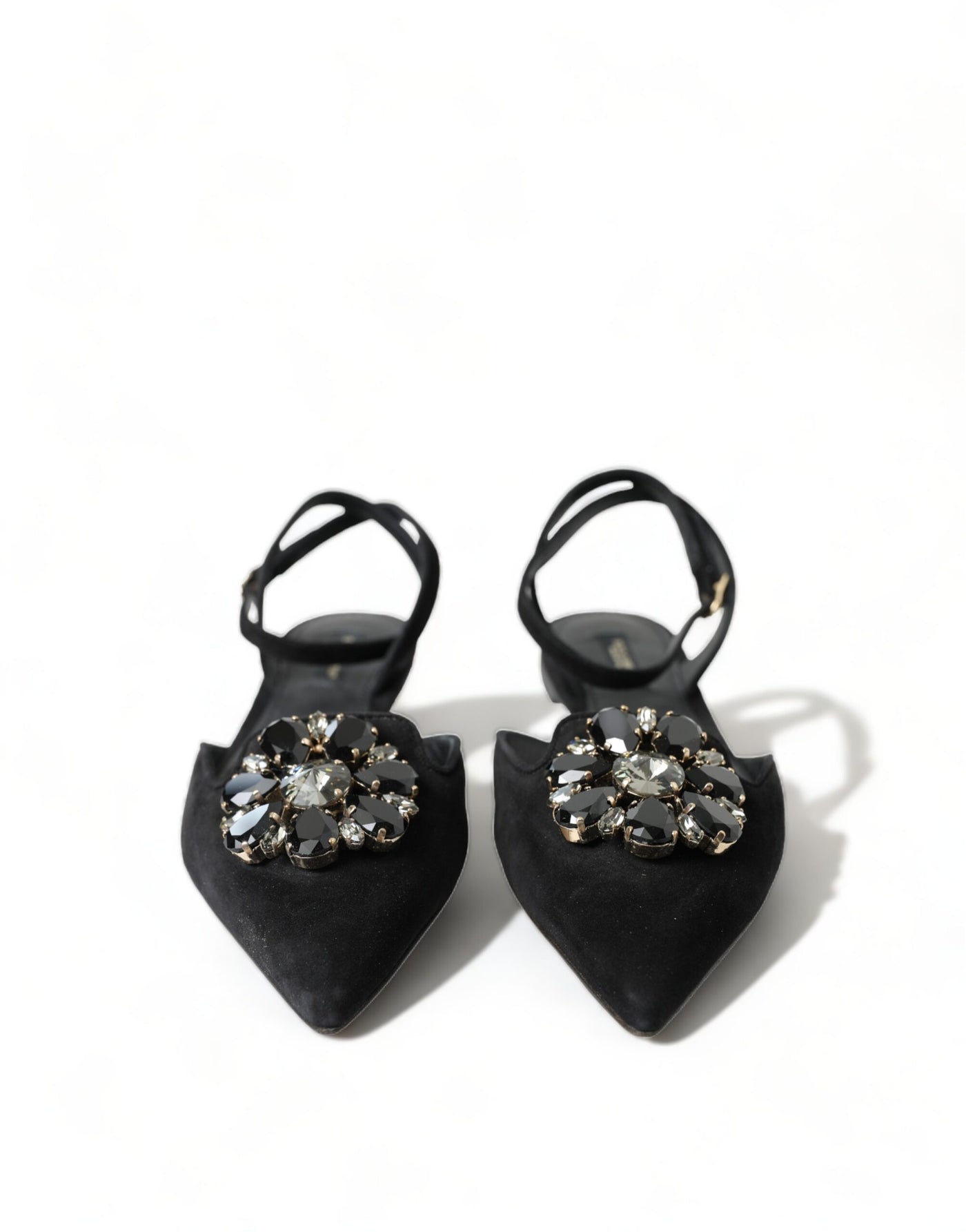 Black Leather Crystal Slingback Flats Shoes