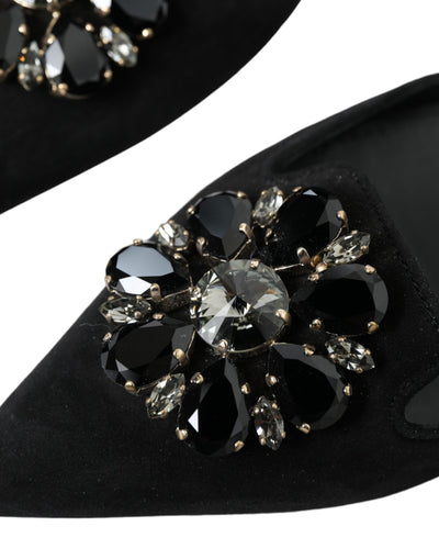 Black Leather Crystal Slingback Flats Shoes