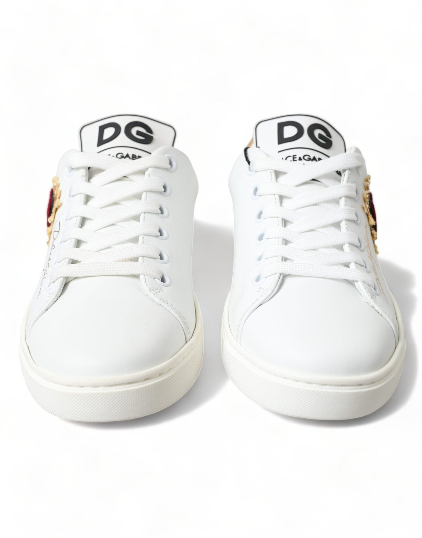 White Leather Gold Red Heart Sneakers Shoes