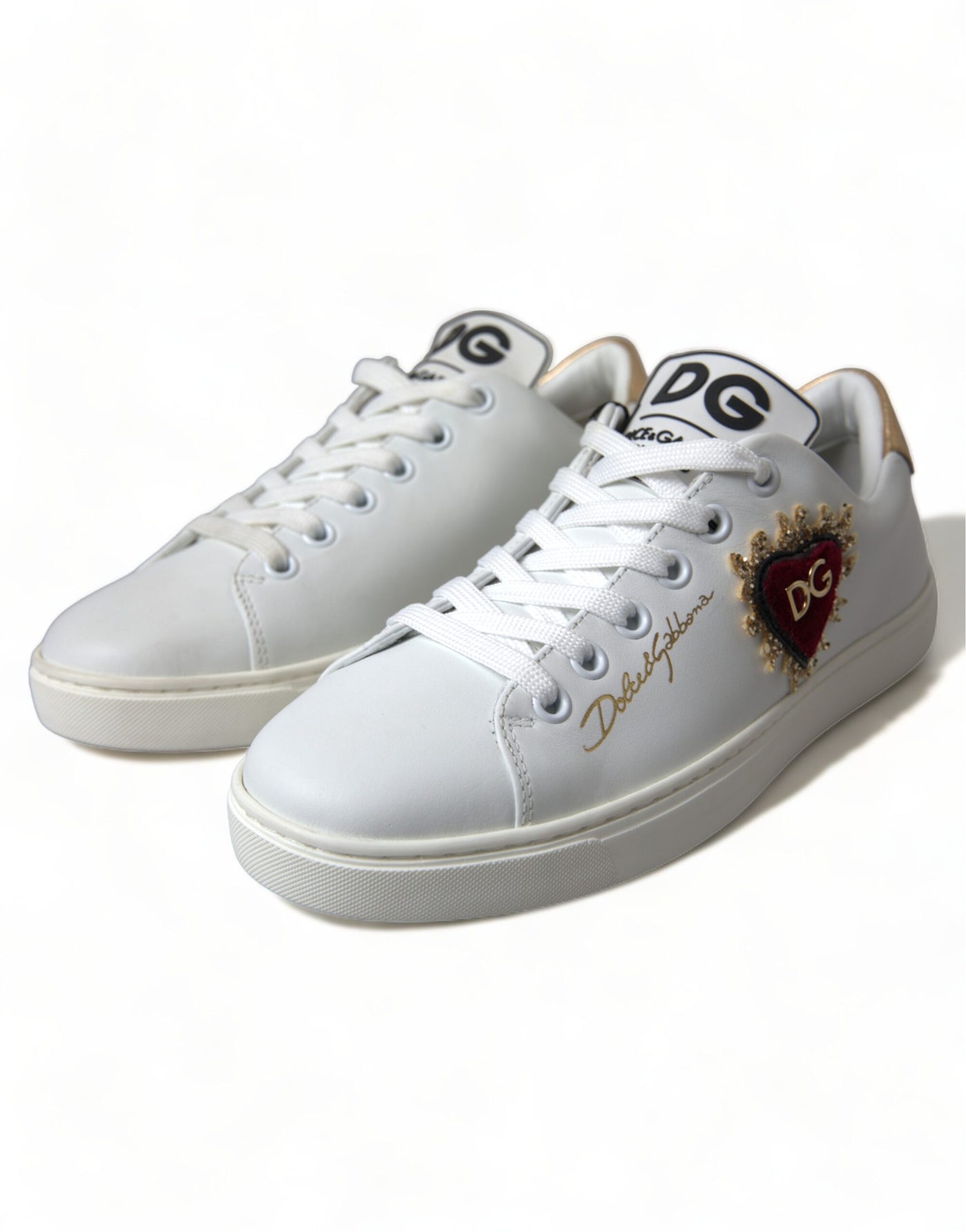 White Leather Gold Red Heart Sneakers Shoes