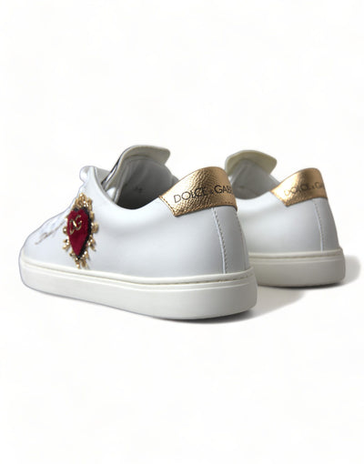 White Leather Gold Red Heart Sneakers Shoes