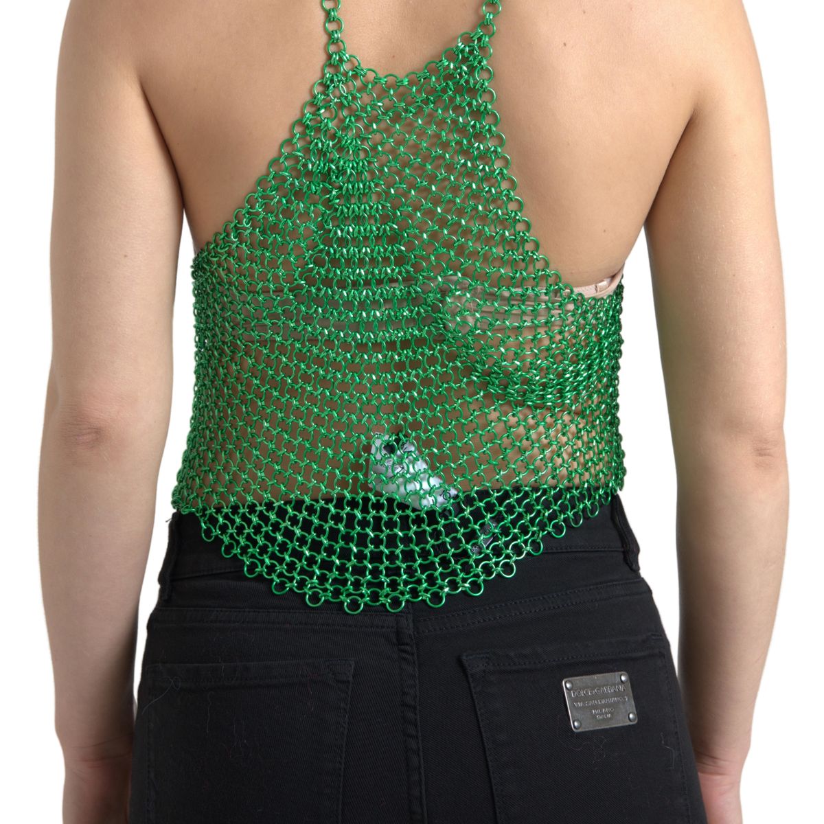 Green Aluminum Sleeveless Halter Cropped Tank Top