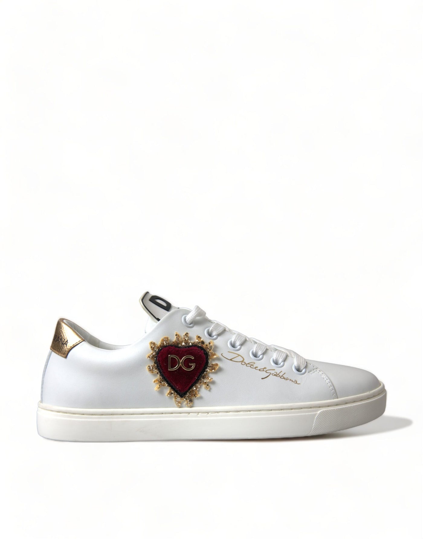 White Leather Gold Red Heart Sneakers Shoes