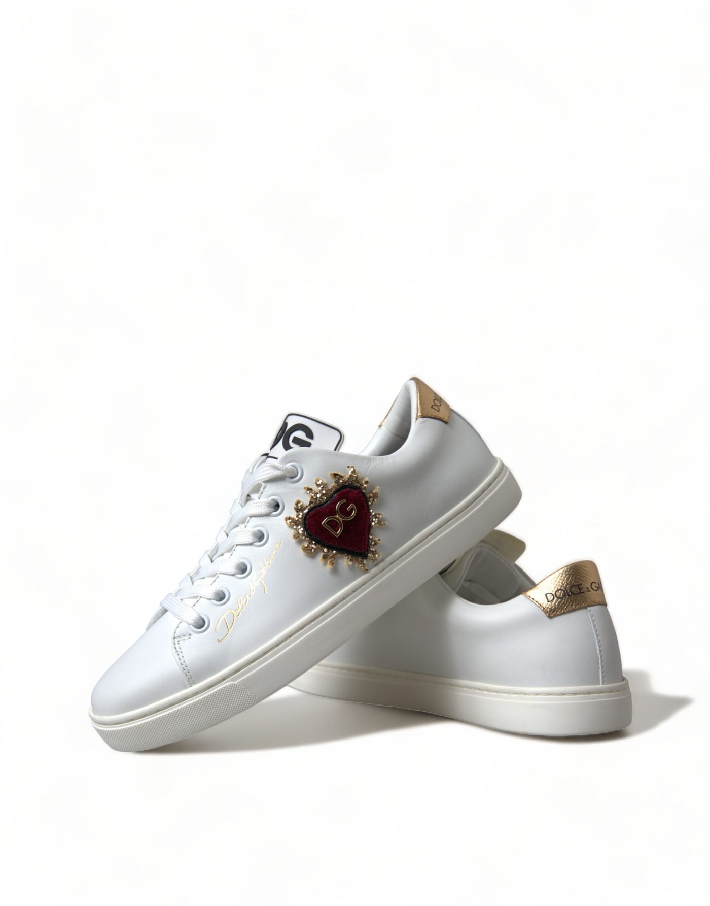 White Leather Gold Red Heart Sneakers Shoes