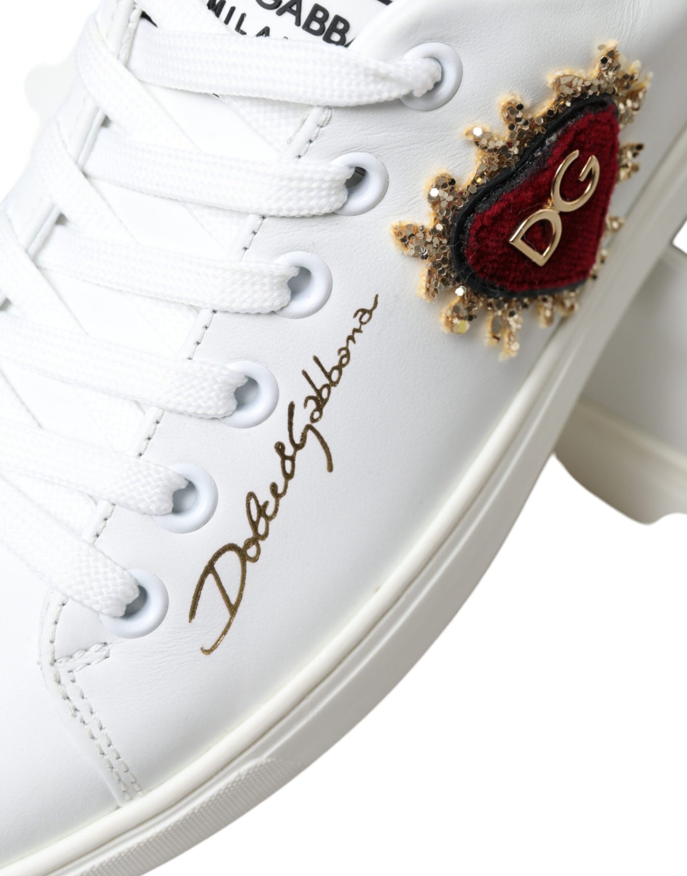 White Leather Gold Red Heart Sneakers Shoes