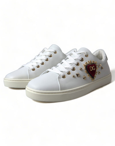 White Leather Gold Red Heart Sneakers Shoes