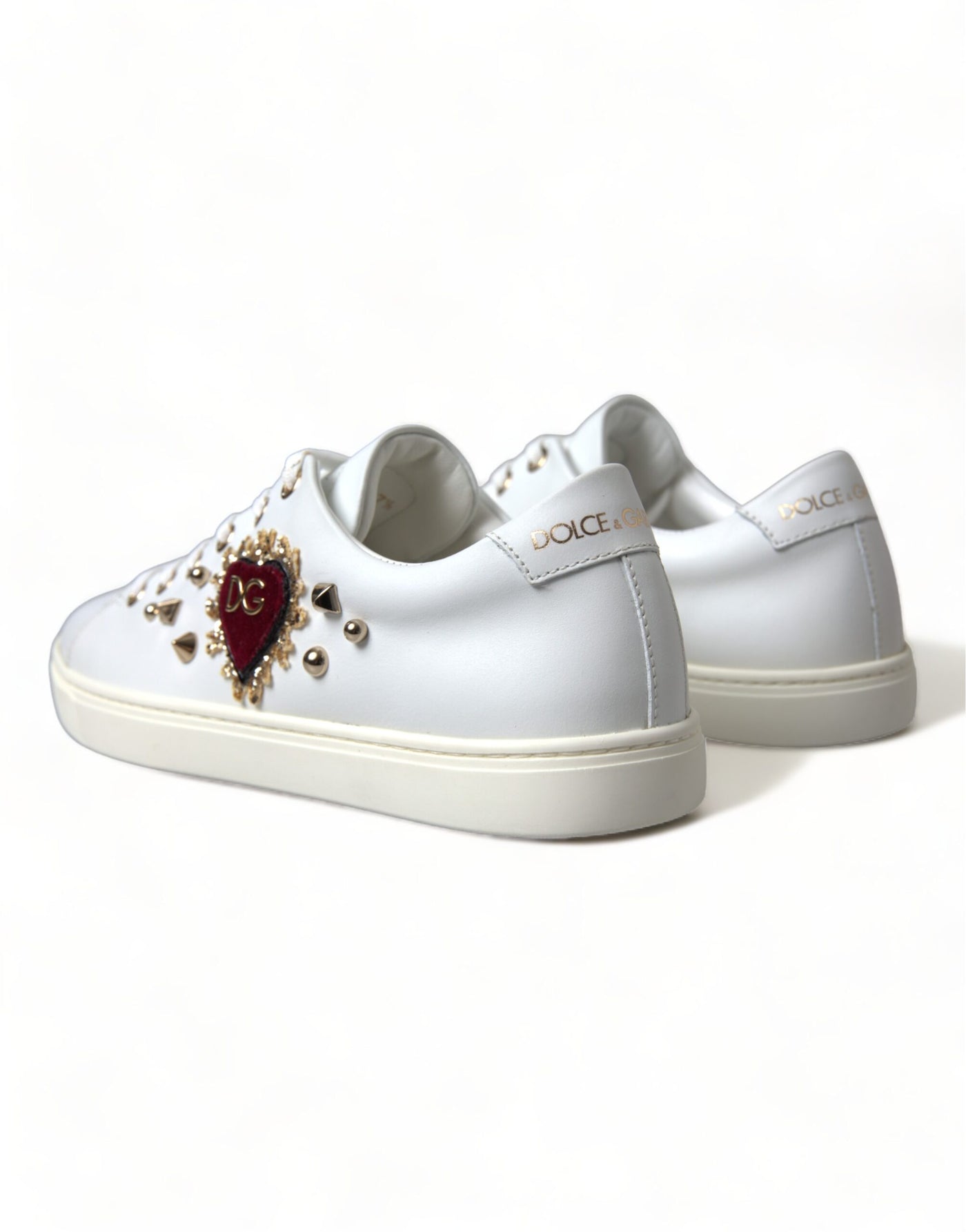 White Leather Gold Red Heart Sneakers Shoes