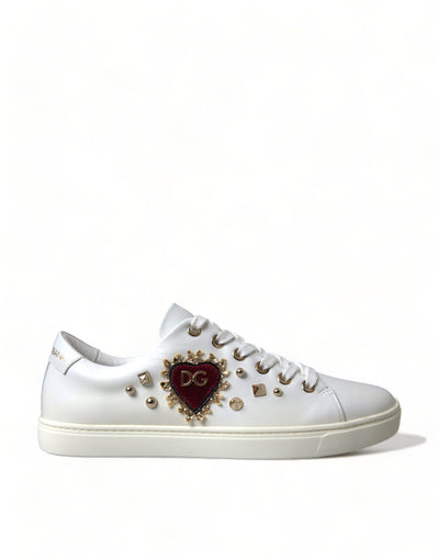 White Leather Gold Red Heart Sneakers Shoes