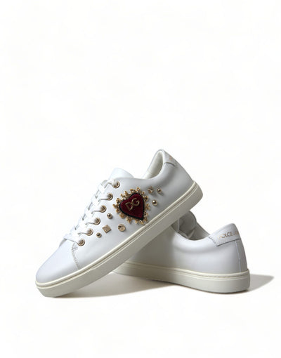 White Leather Gold Red Heart Sneakers Shoes