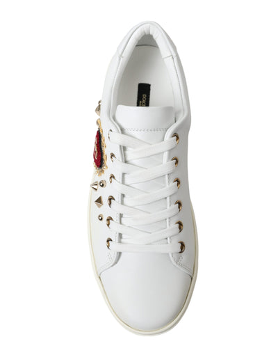 White Leather Gold Red Heart Sneakers Shoes