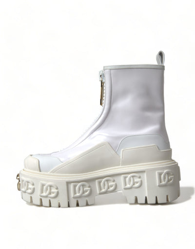 White Leather Logo Plaque Zip Ankle Boots Shoes