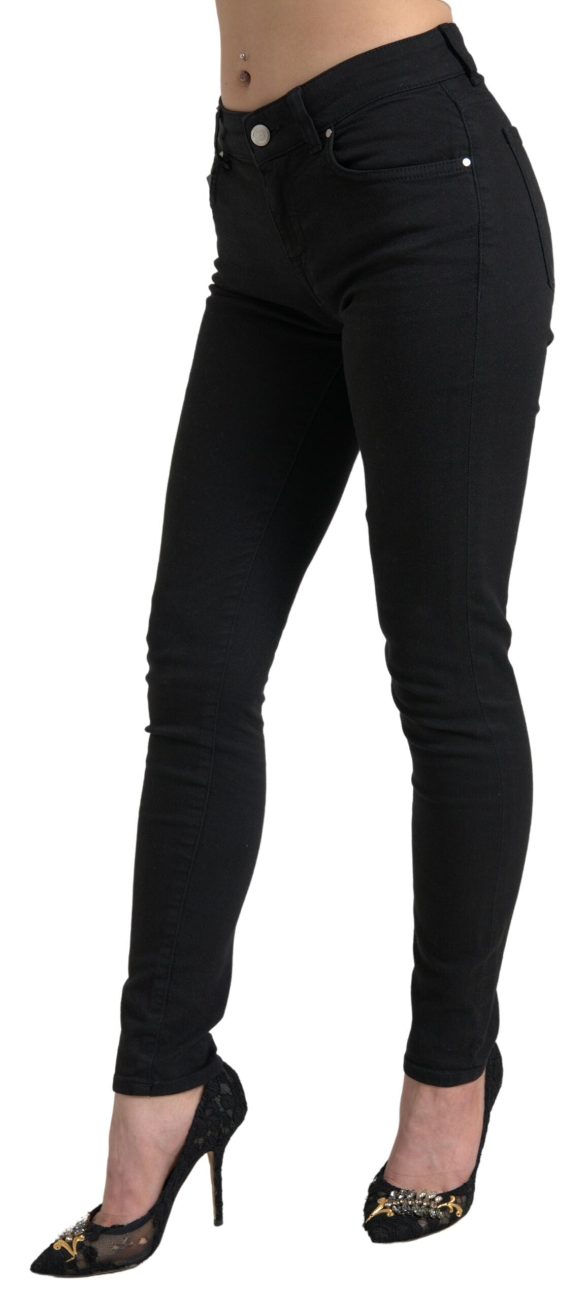 Black Cotton Mid Waist Skinny Denim Jeans