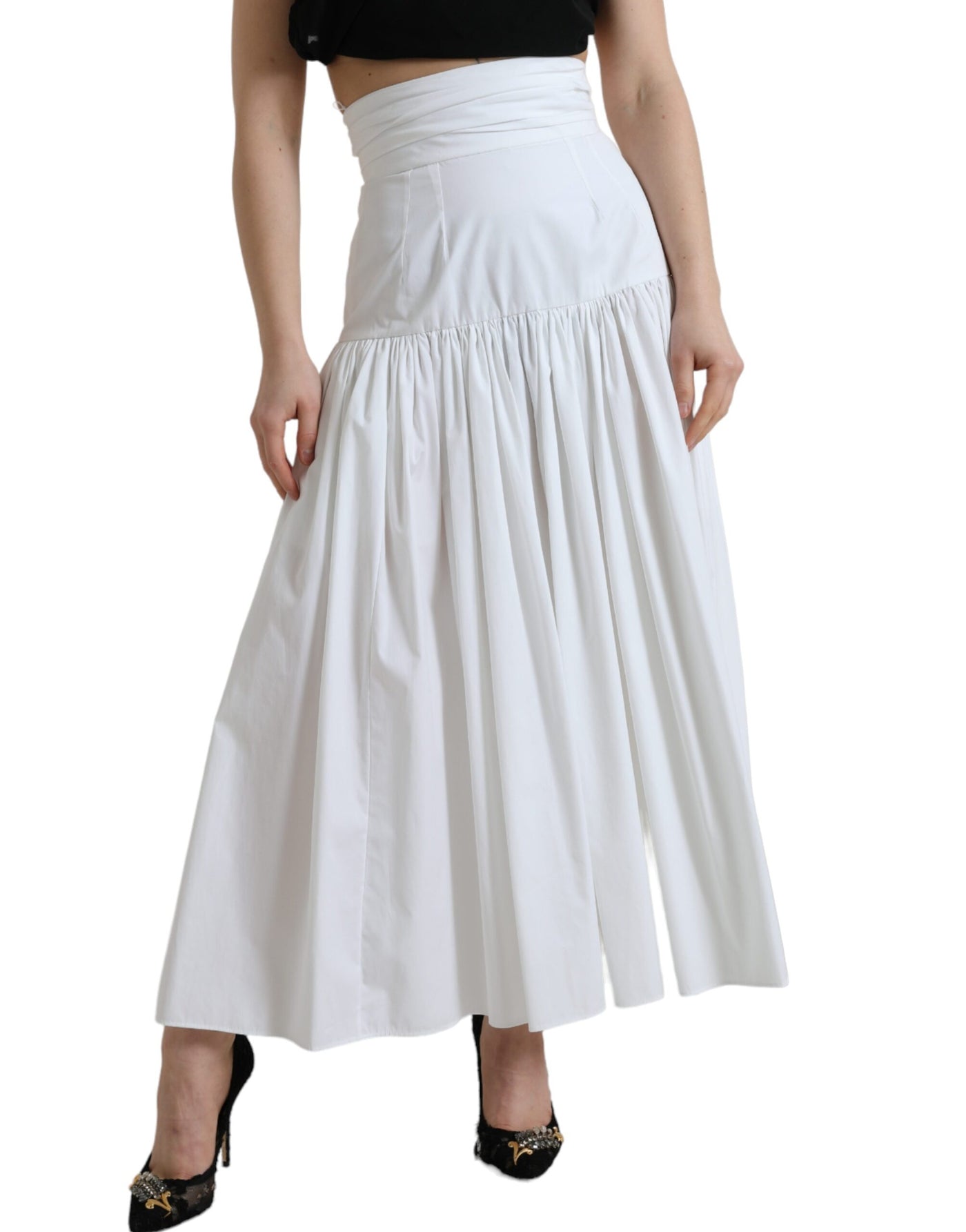 White Cotton Pleated A-line High Waist Skirt