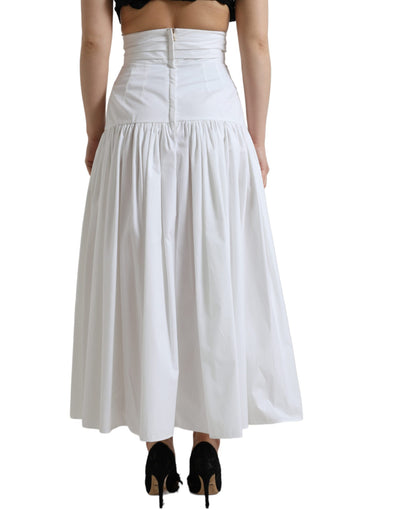 White Cotton Pleated A-line High Waist Skirt