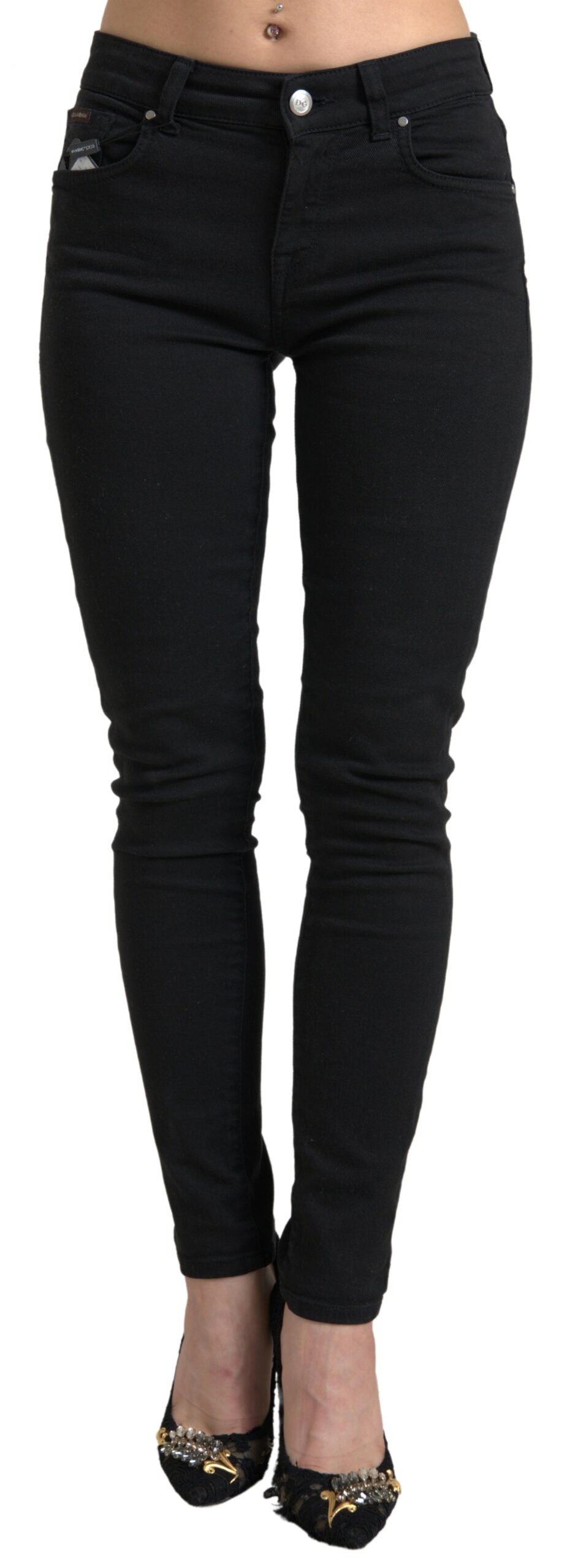 Black Cotton Mid Waist Skinny Denim Jeans