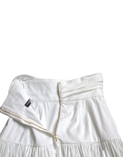 White Cotton Pleated A-line High Waist Skirt