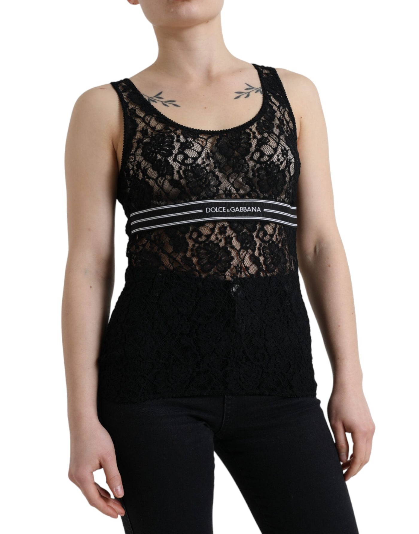 Black Logo Stripe Lace Sleeveless Tank Top