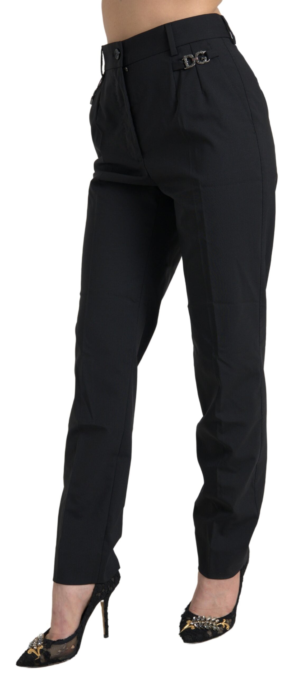 Black Wool High Waist Tapered Pants