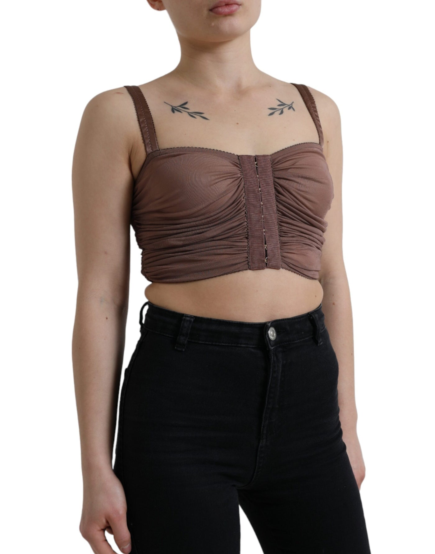 Brown Viscose Bustier Sleeveless Cropped Top