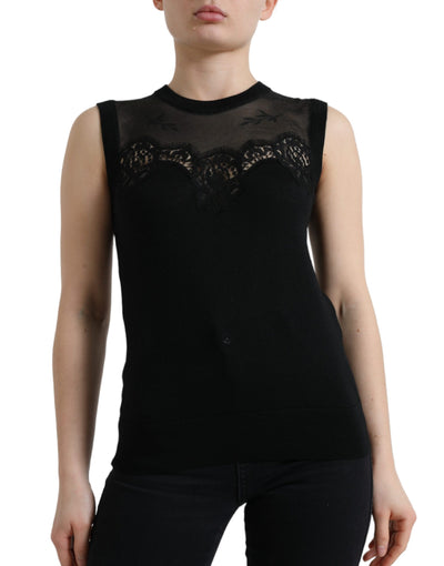 Black Cashmere Lace Trim Sleeveless Tank Top