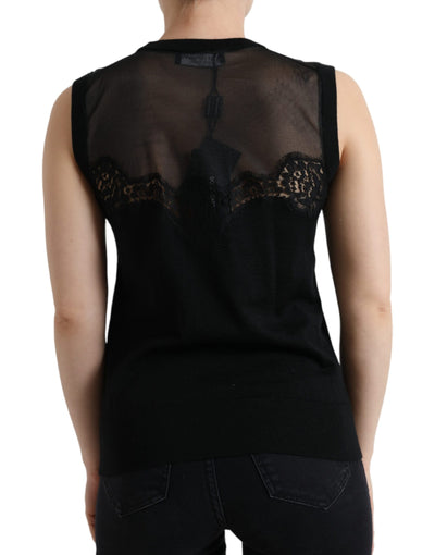 Black Cashmere Lace Trim Sleeveless Tank Top