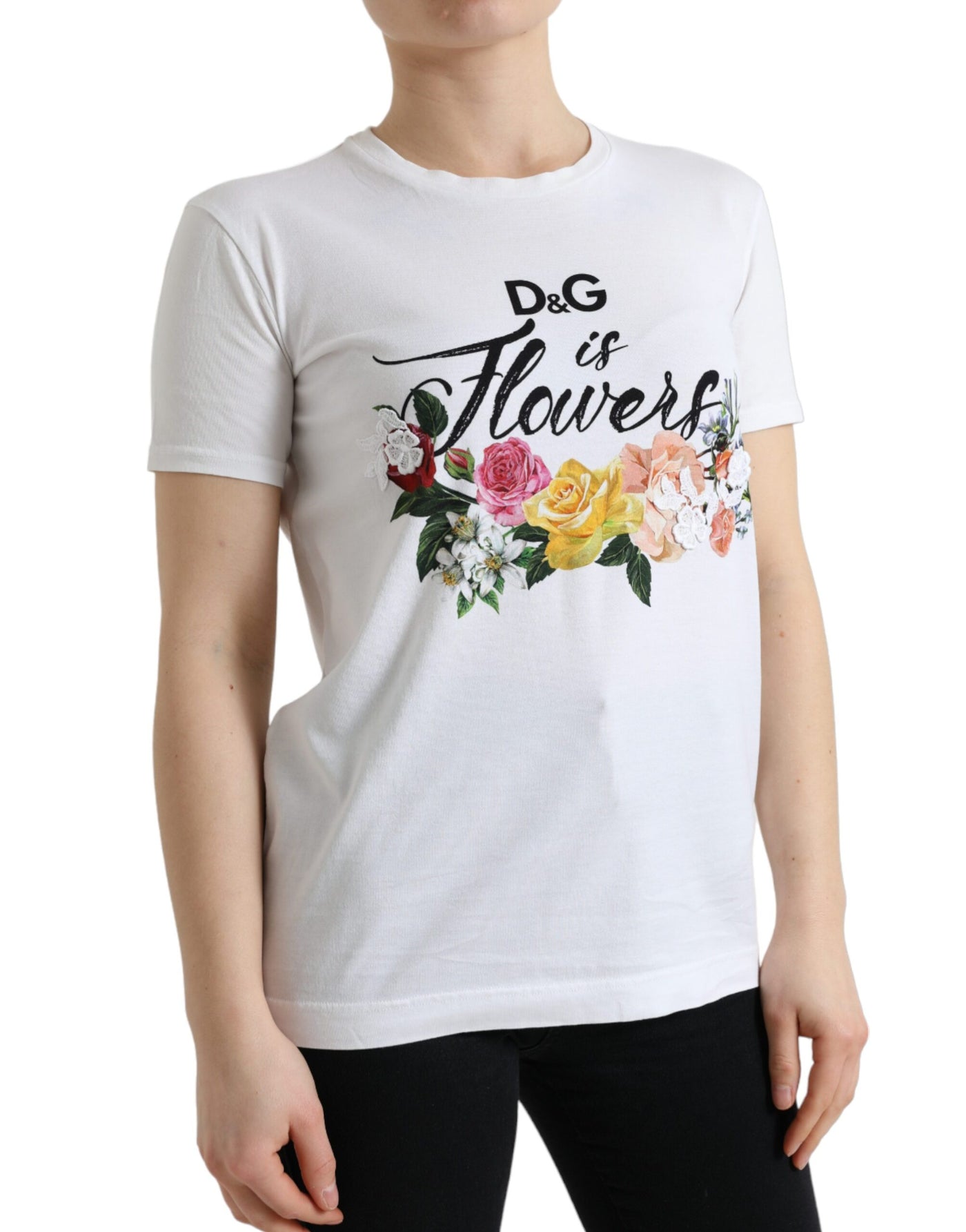 White Cotton DG Is Flower Crewneck Tee T-shirt