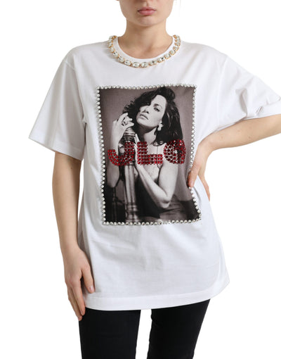 White Crystal Neckline Print Tee T-shirt