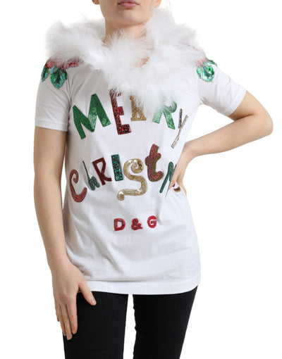 White Cotton Christmas Sequin Fur T-shirt