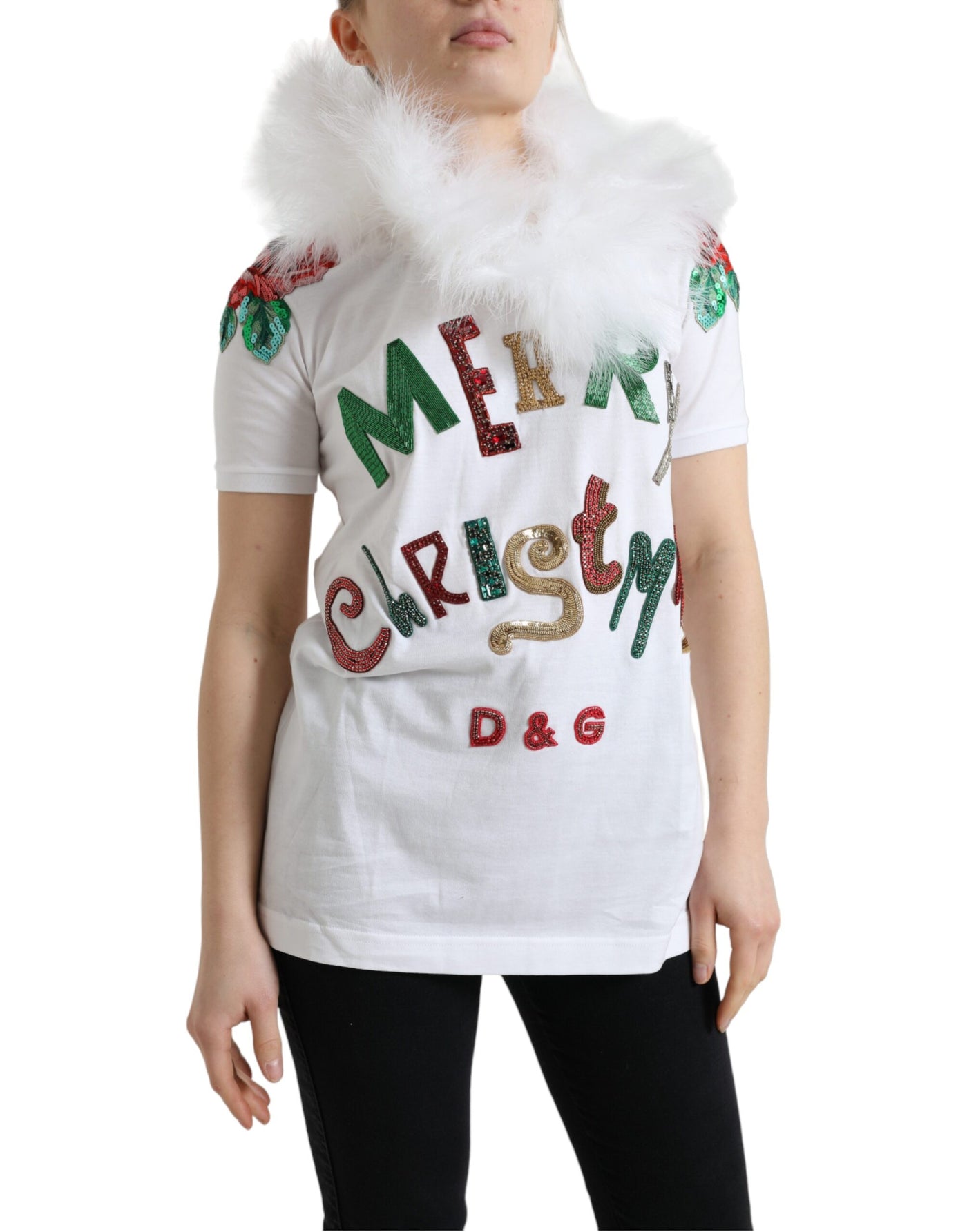 White Cotton Christmas Sequin Fur T-shirt