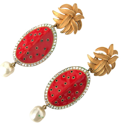 Red Watermelon Gold Brass Crystal Clip Dangling Earrings