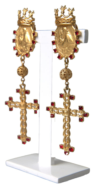 Gold Brass Crown Cross Crystal Clip On Dangling Earrings