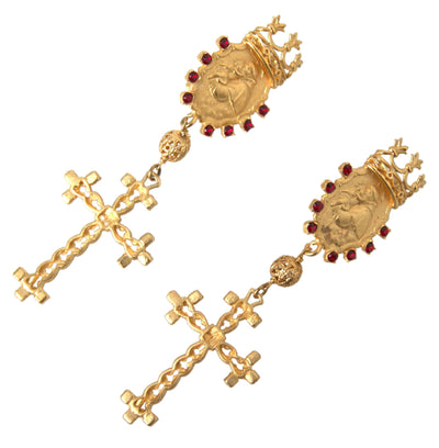 Gold Brass Crown Cross Crystal Clip On Dangling Earrings