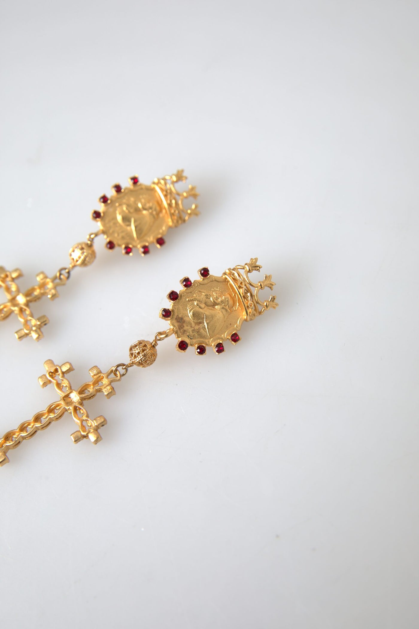 Gold Brass Crown Cross Crystal Clip On Dangling Earrings