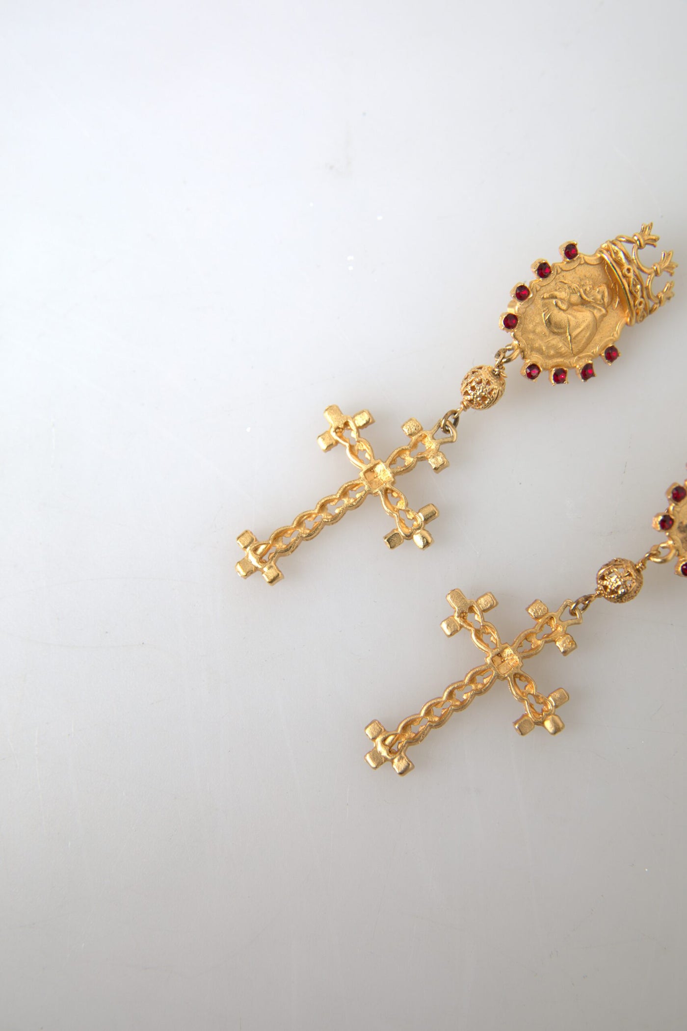 Gold Brass Crown Cross Crystal Clip On Dangling Earrings