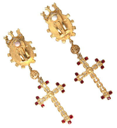 Gold Brass Crown Cross Crystal Clip On Dangling Earrings