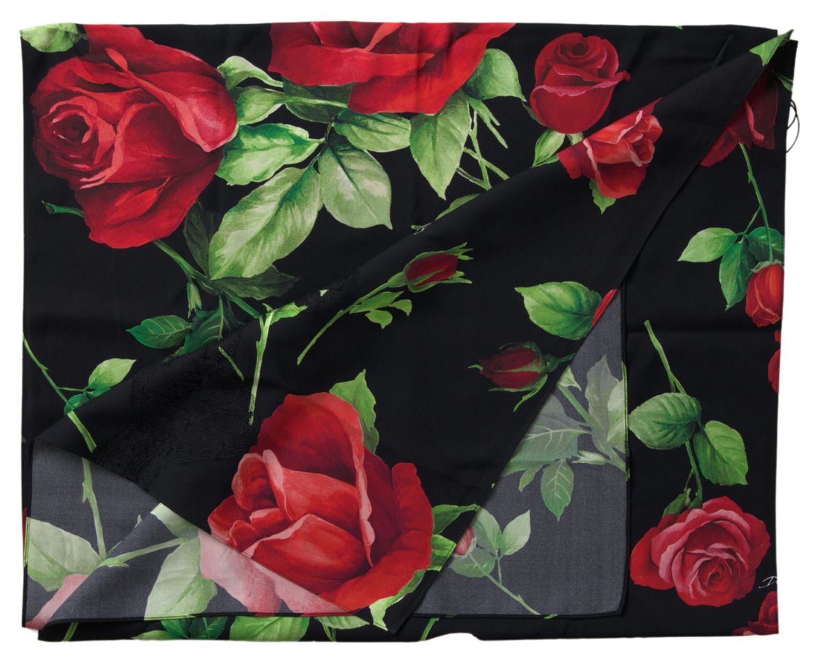 Black Floral Silk Shawl Foulard Wrap Scarf