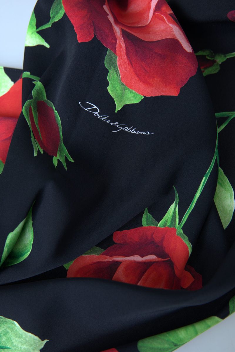 Black Floral Silk Shawl Foulard Wrap Scarf